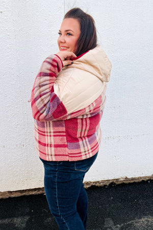 Tried & True Oatmeal & Garnet Plaid Half Zip Puffer Hoodie - Coeur de la Mode