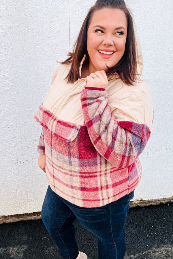 Tried & True Oatmeal & Garnet Plaid Half Zip Puffer Hoodie - Coeur de la Mode