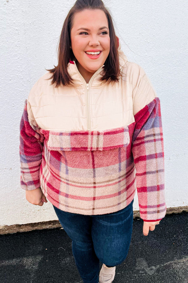 Tried & True Oatmeal & Garnet Plaid Half Zip Puffer Hoodie - Coeur de la Mode