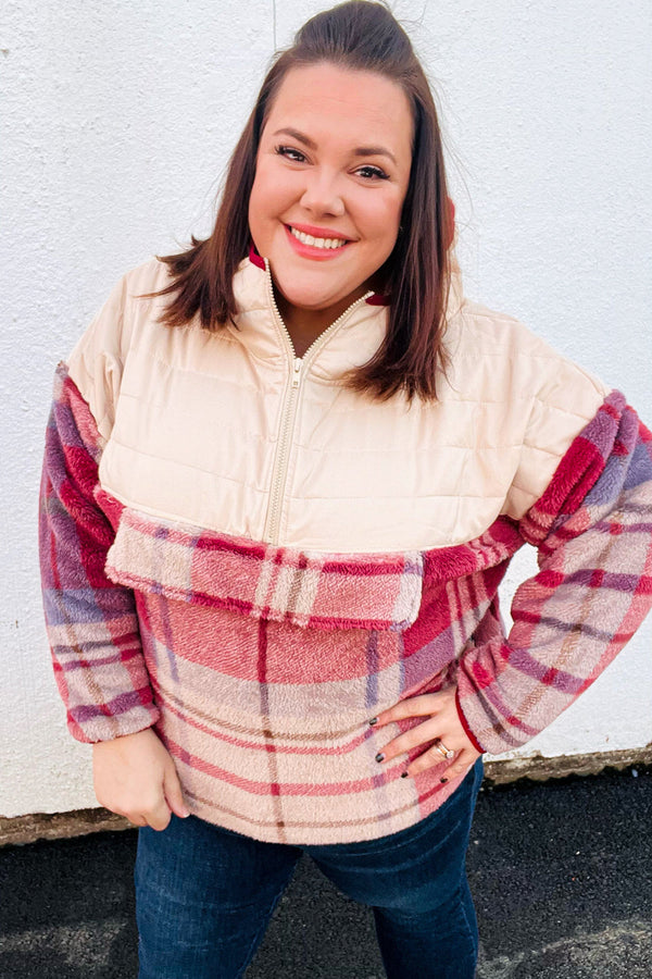 Tried & True Oatmeal & Garnet Plaid Half Zip Puffer Hoodie - Coeur de la Mode