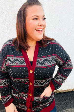 Classic Burgundy Holiday Print Button Cardigan - Coeur de la Mode