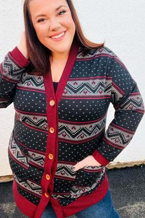 Classic Burgundy Holiday Print Button Cardigan - Coeur de la Mode