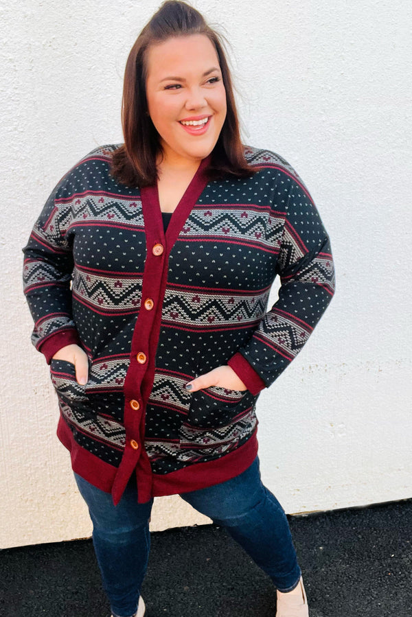 Classic Burgundy Holiday Print Button Cardigan - Coeur de la Mode