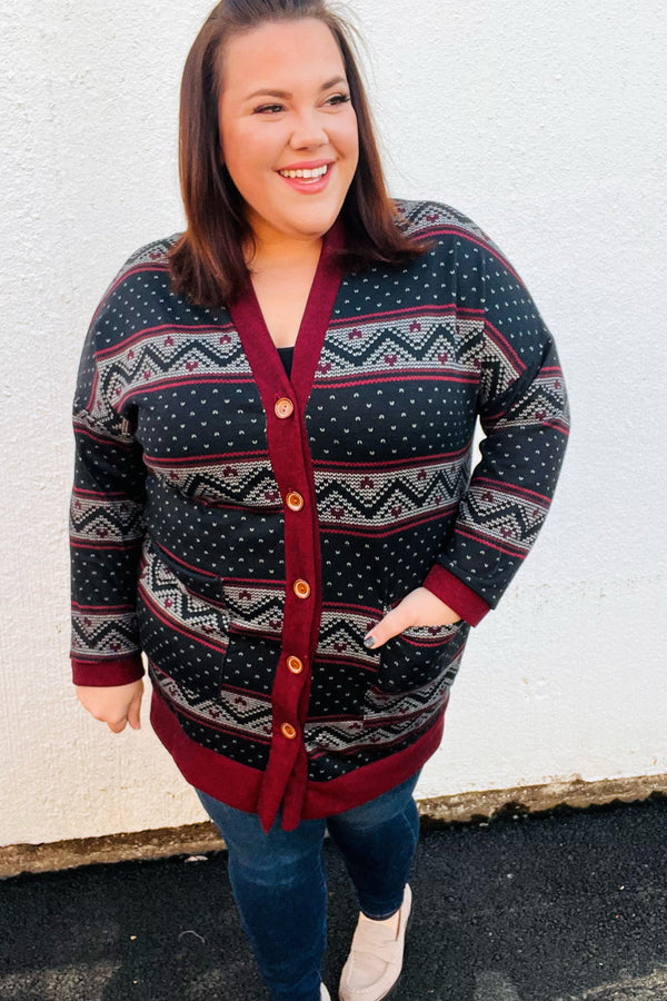Classic Burgundy Holiday Print Button Cardigan - Coeur de la Mode