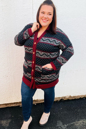 Classic Burgundy Holiday Print Button Cardigan - Coeur de la Mode