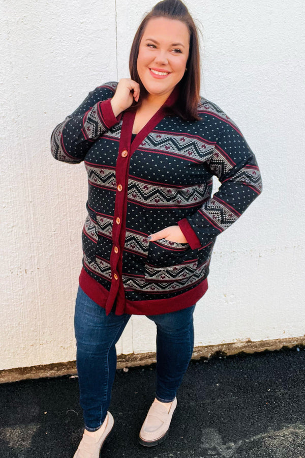 Classic Burgundy Holiday Print Button Cardigan - Coeur de la Mode