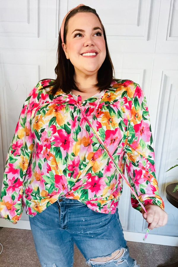Pretty In Pink Watercolor Floral Yoke Tie Top - Coeur de la Mode