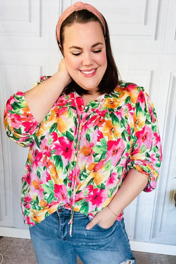 Pretty In Pink Watercolor Floral Yoke Tie Top - Coeur de la Mode