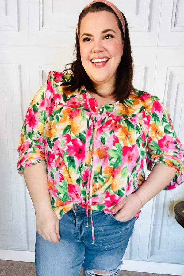 Pretty In Pink Watercolor Floral Yoke Tie Top - Coeur de la Mode