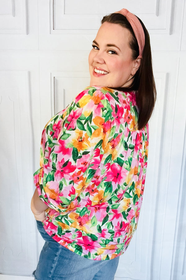 Pretty In Pink Watercolor Floral Yoke Tie Top - Coeur de la Mode