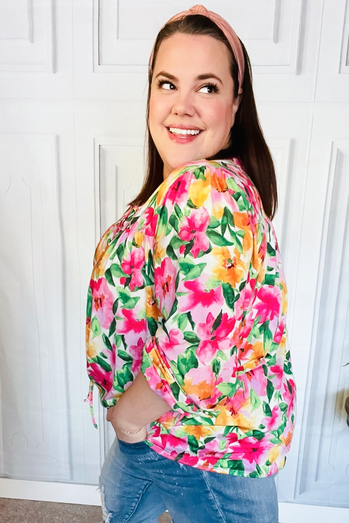 Pretty In Pink Watercolor Floral Yoke Tie Top