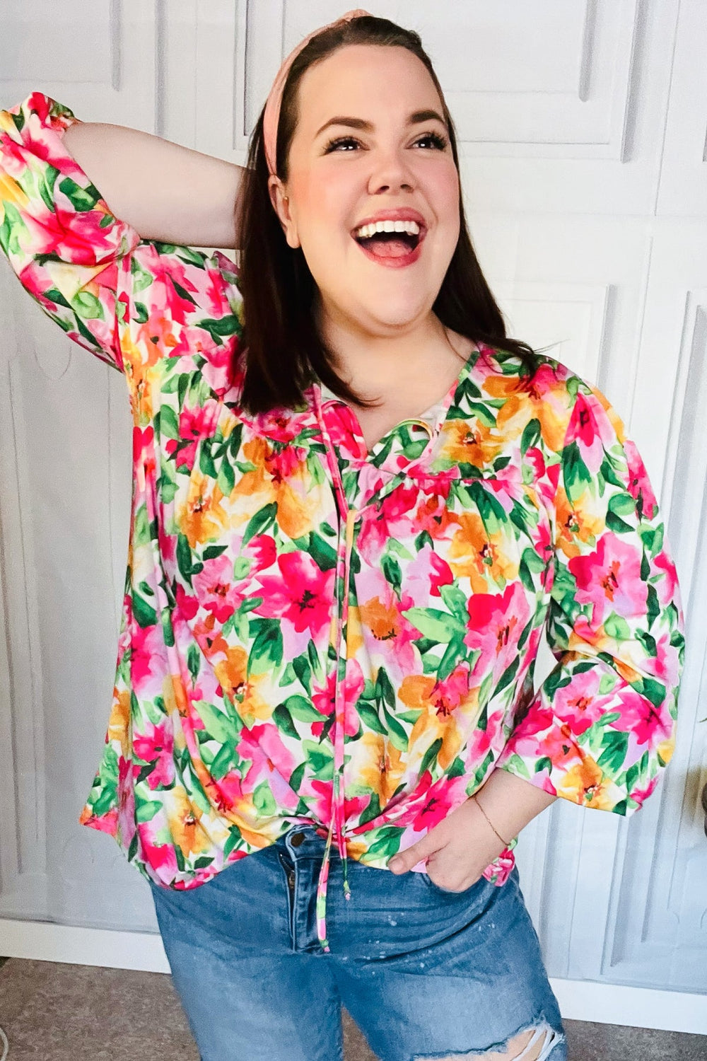 Pretty In Pink Watercolor Floral Yoke Tie Top - Coeur de la Mode