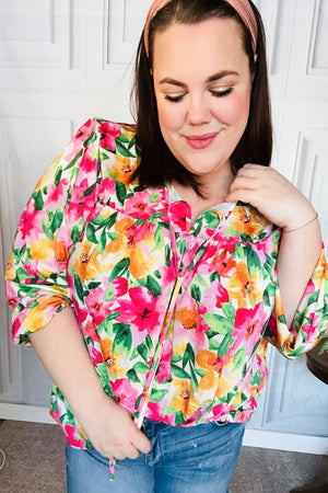 Pretty In Pink Watercolor Floral Yoke Tie Top - Coeur de la Mode