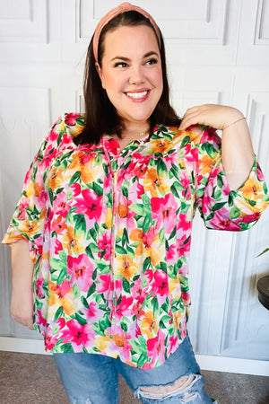Pretty In Pink Watercolor Floral Yoke Tie Top - Coeur de la Mode