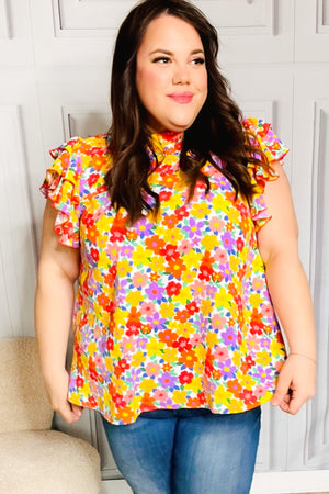 Flower Power Ivory & Red Floral Mock Neck Flutter Sleeve Top - Coeur de la Mode