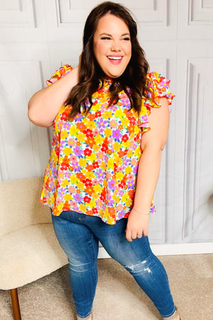 Flower Power Ivory & Red Floral Mock Neck Flutter Sleeve Top - Coeur de la Mode