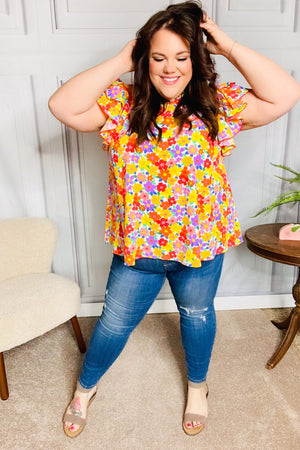 Flower Power Ivory & Red Floral Mock Neck Flutter Sleeve Top - Coeur de la Mode