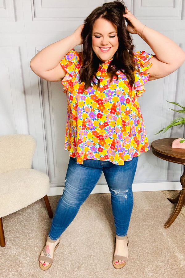 Flower Power Ivory & Red Floral Mock Neck Flutter Sleeve Top - Coeur de la Mode