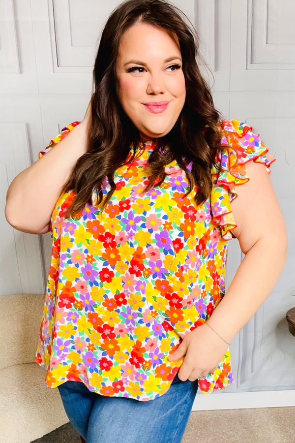 Flower Power Ivory & Red Floral Mock Neck Flutter Sleeve Top - Coeur de la Mode