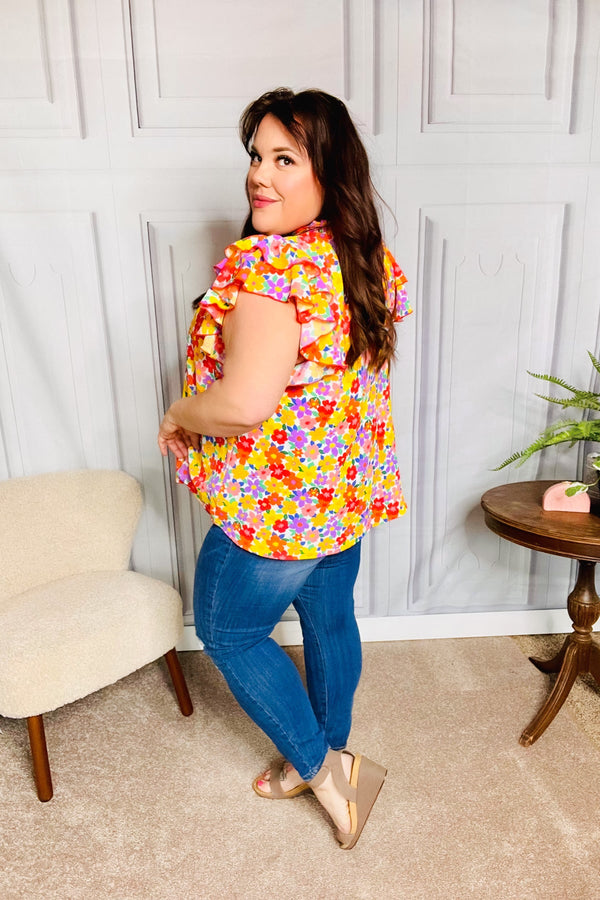 Flower Power Ivory & Red Floral Mock Neck Flutter Sleeve Top - Coeur de la Mode