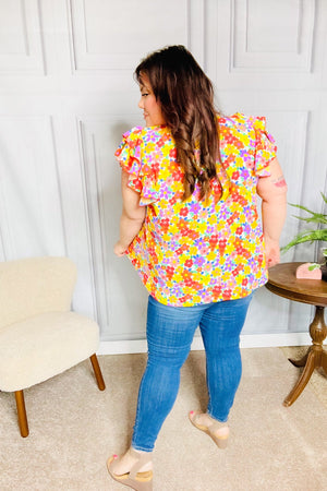 Flower Power Ivory & Red Floral Mock Neck Flutter Sleeve Top - Coeur de la Mode