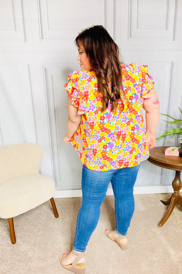 Flower Power Ivory & Red Floral Mock Neck Flutter Sleeve Top - Coeur de la Mode