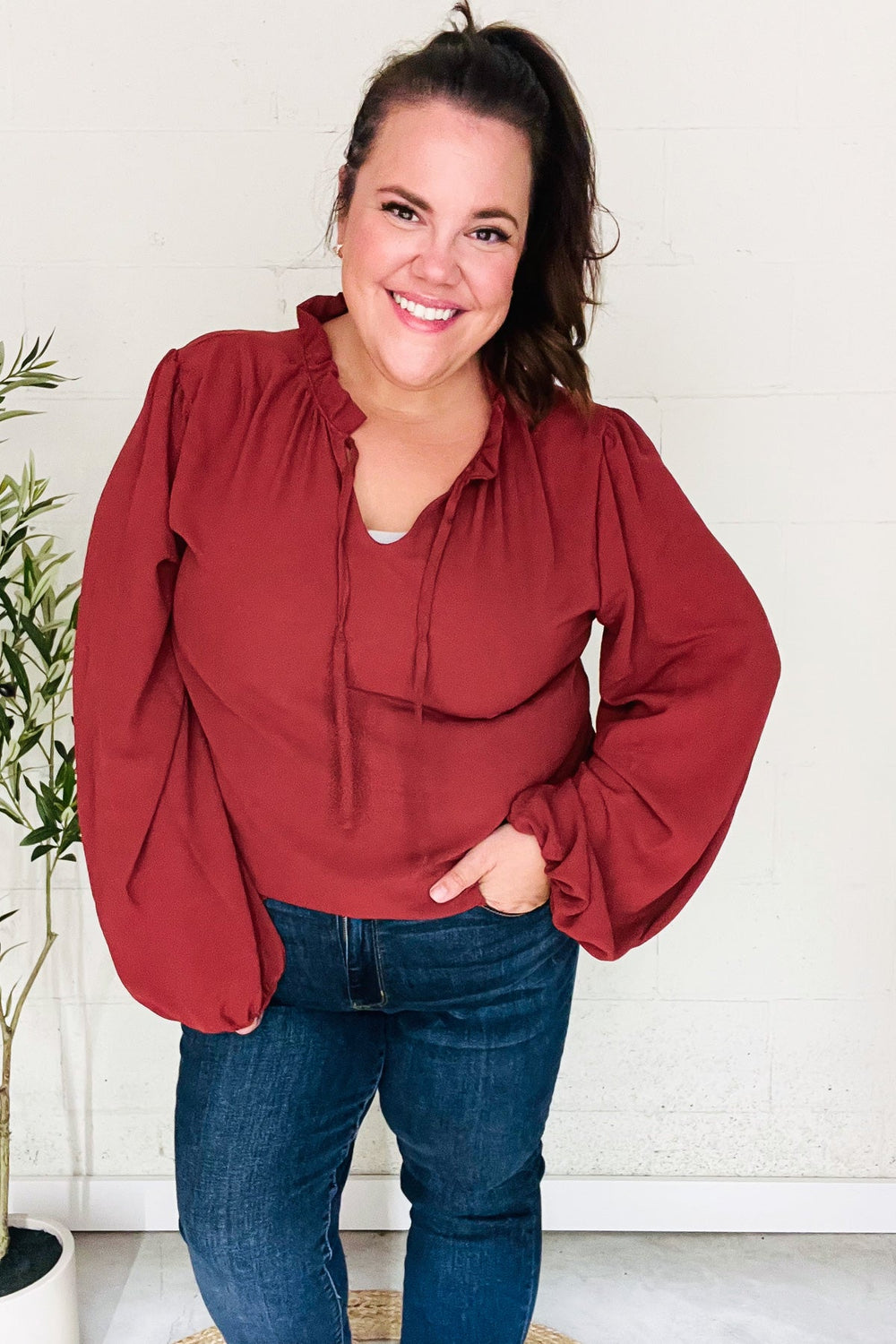 Feeling Femme Off Burgundy Frilled Edge V Neck Tie Top - Coeur de la Mode