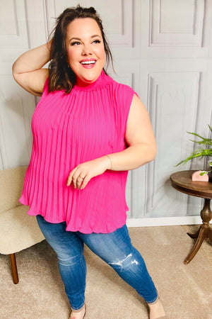 Sweet New Days Fuchsia Smocked Neck Pleated Sleeveless Top - Coeur de la Mode