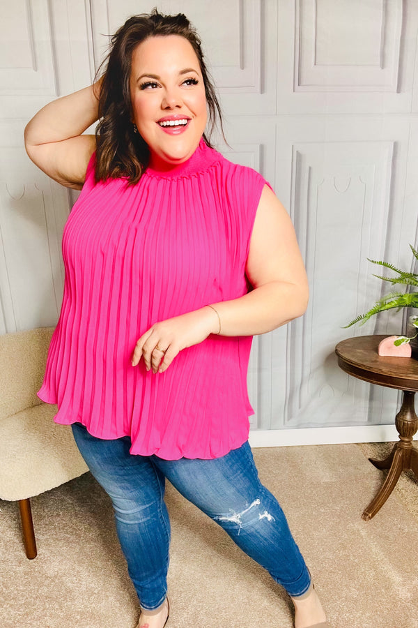 Sweet New Days Fuchsia Smocked Neck Pleated Sleeveless Top - Coeur de la Mode