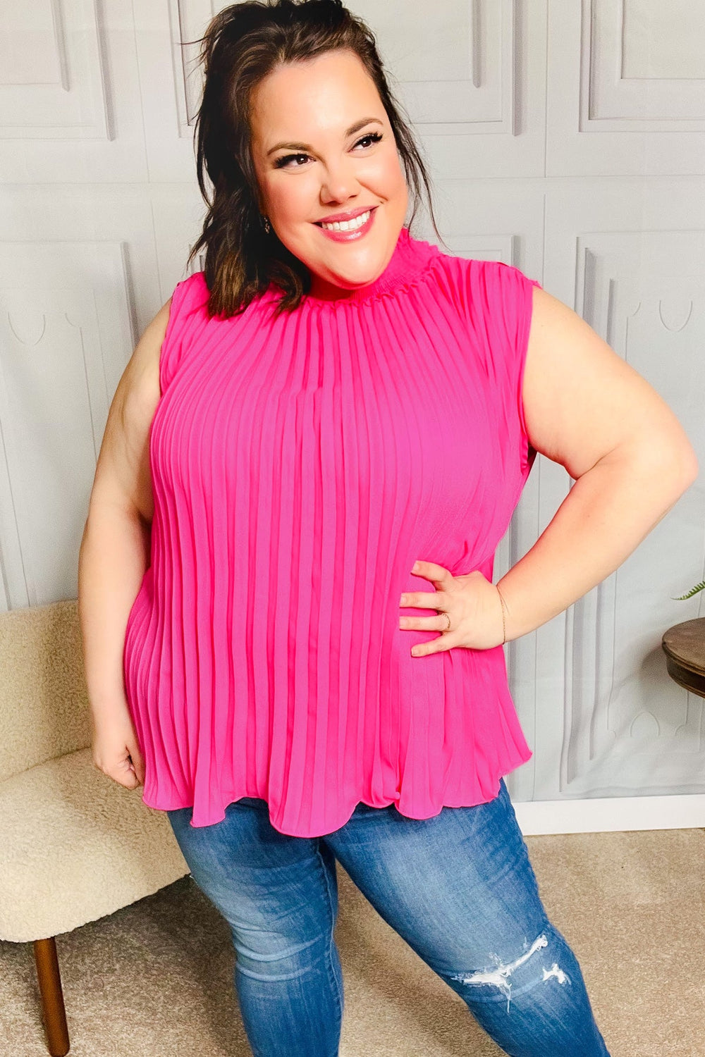 Sweet New Days Fuchsia Smocked Neck Pleated Sleeveless Top - Coeur de la Mode