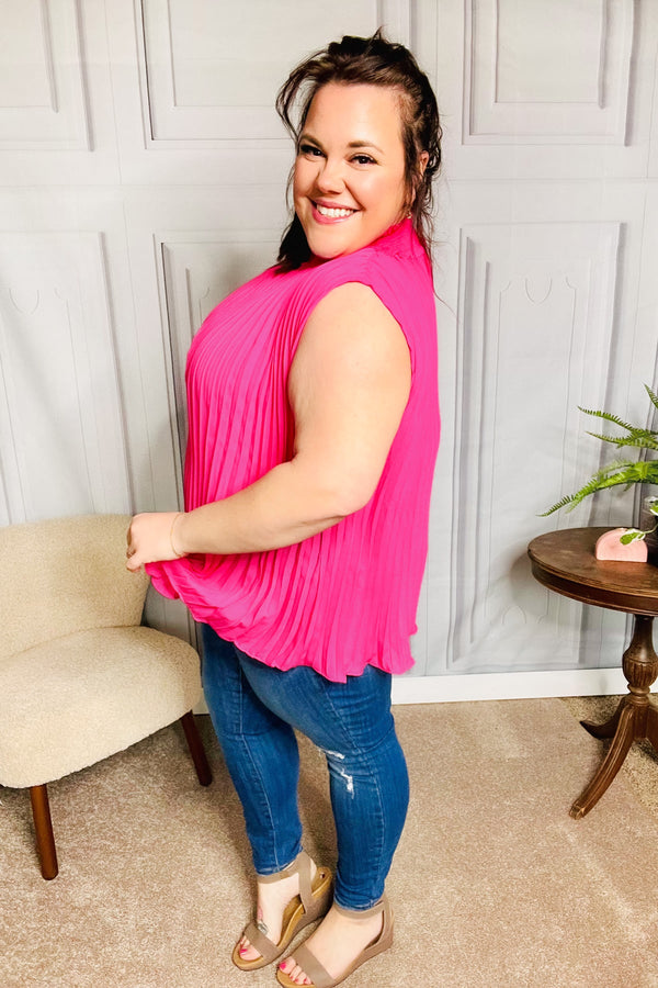 Sweet New Days Fuchsia Smocked Neck Pleated Sleeveless Top - Coeur de la Mode