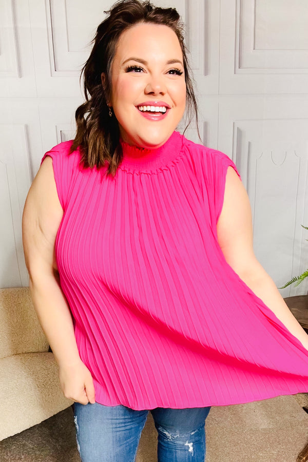 Sweet New Days Fuchsia Smocked Neck Pleated Sleeveless Top - Coeur de la Mode