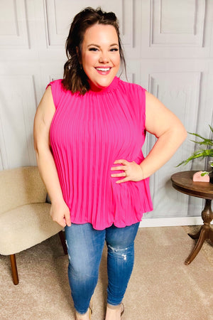 Sweet New Days Fuchsia Smocked Neck Pleated Sleeveless Top - Coeur de la Mode
