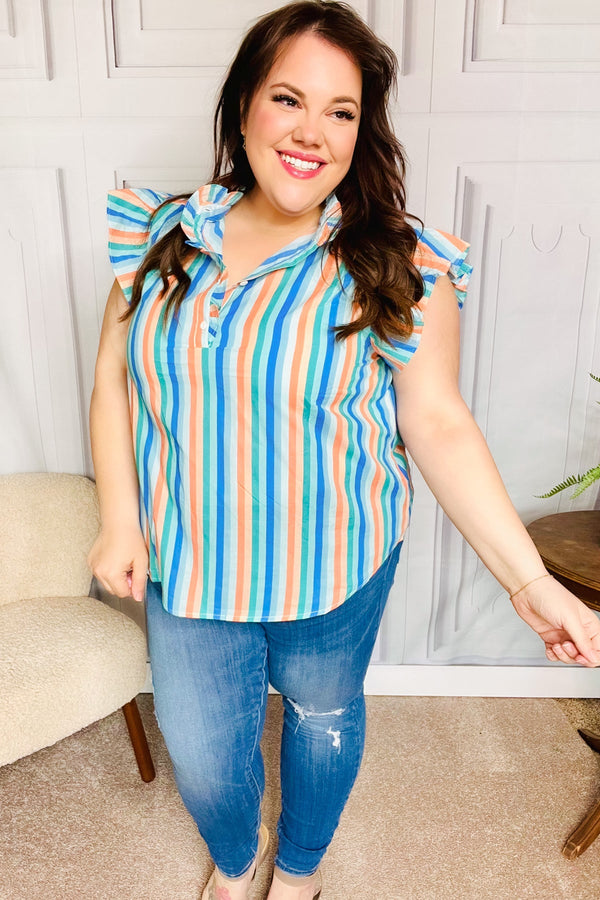Happy Thoughts Sky Blue Striped Frill Button Down Top - Coeur de la Mode