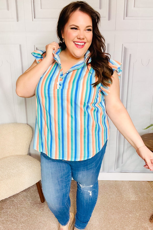 Happy Thoughts Sky Blue Striped Frill Button Down Top - Coeur de la Mode