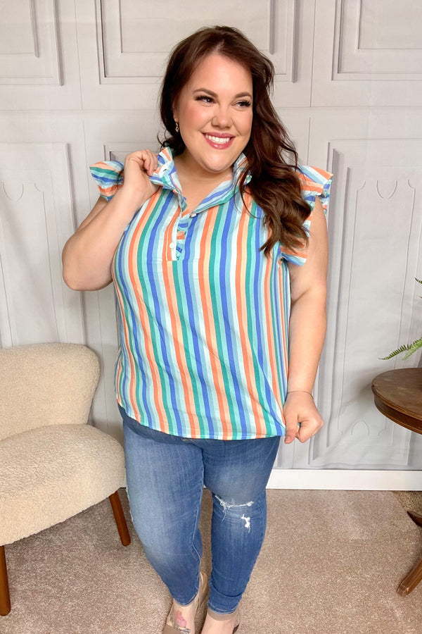 Happy Thoughts Sky Blue Striped Frill Button Down Top - Coeur de la Mode