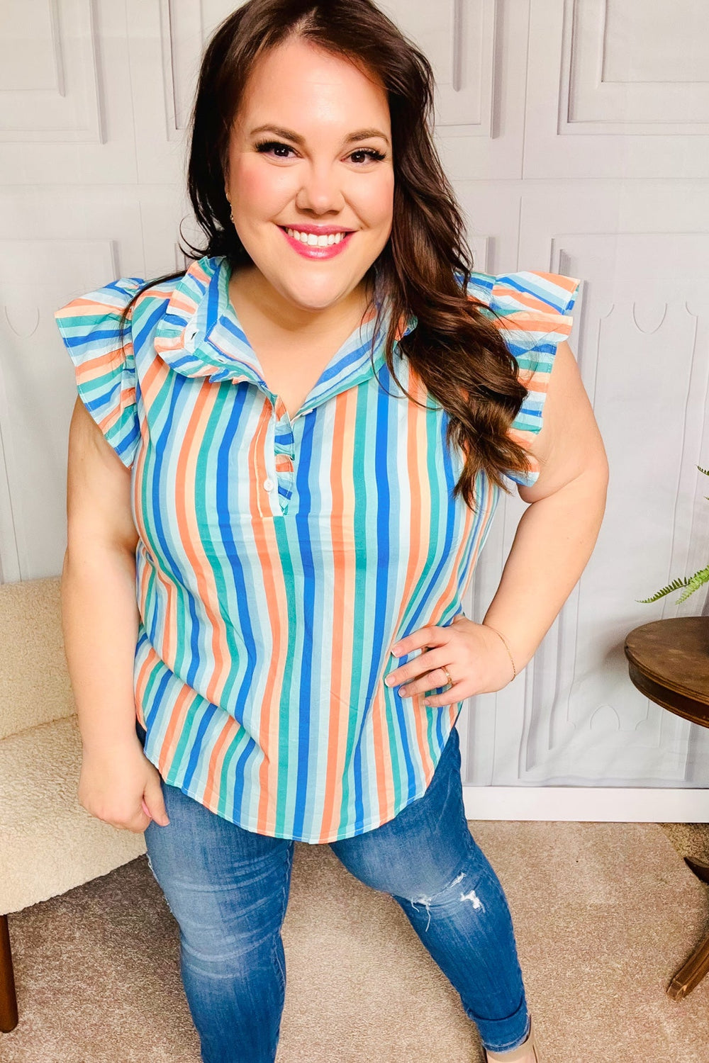 Happy Thoughts Sky Blue Striped Frill Button Down Top - Coeur de la Mode