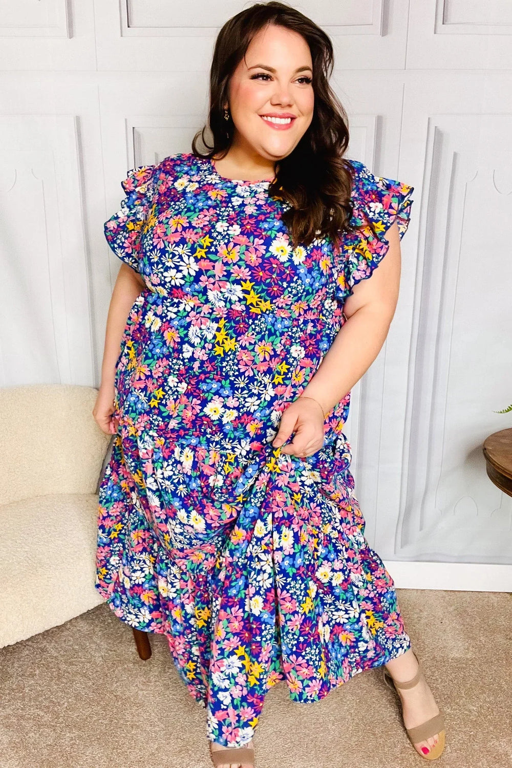 Just A Dream Navy Floral Smocked Ruffle Sleeve Maxi Dress - Coeur de la Mode
