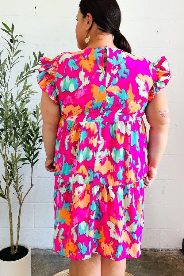 Look of Love Fuchsia Abstract Floral Print Smocked Ruffle Sleeve Dress - Coeur de la Mode