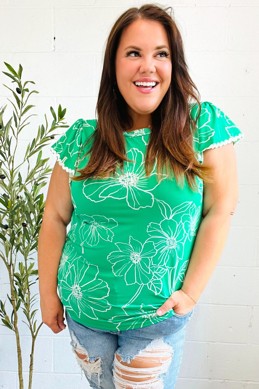 Follow Me Emerald Floral Ric Rac Trim Flutter Sleeve Top - Coeur de la Mode
