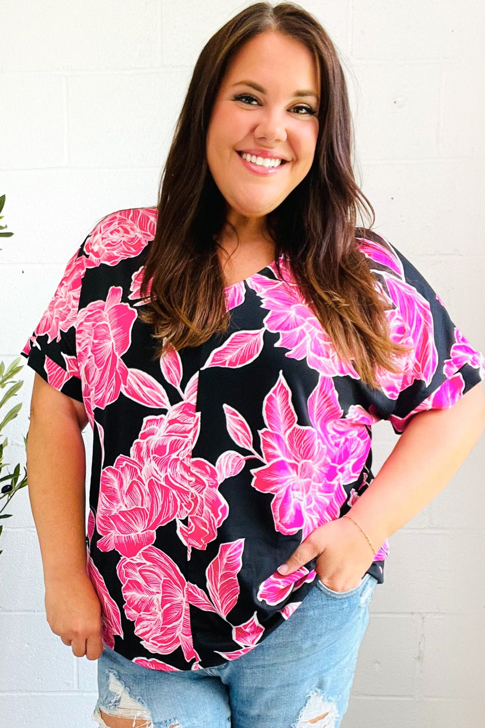 Tropical Vibes Black & Hot Pink Floral V Neck Top - Coeur de la Mode