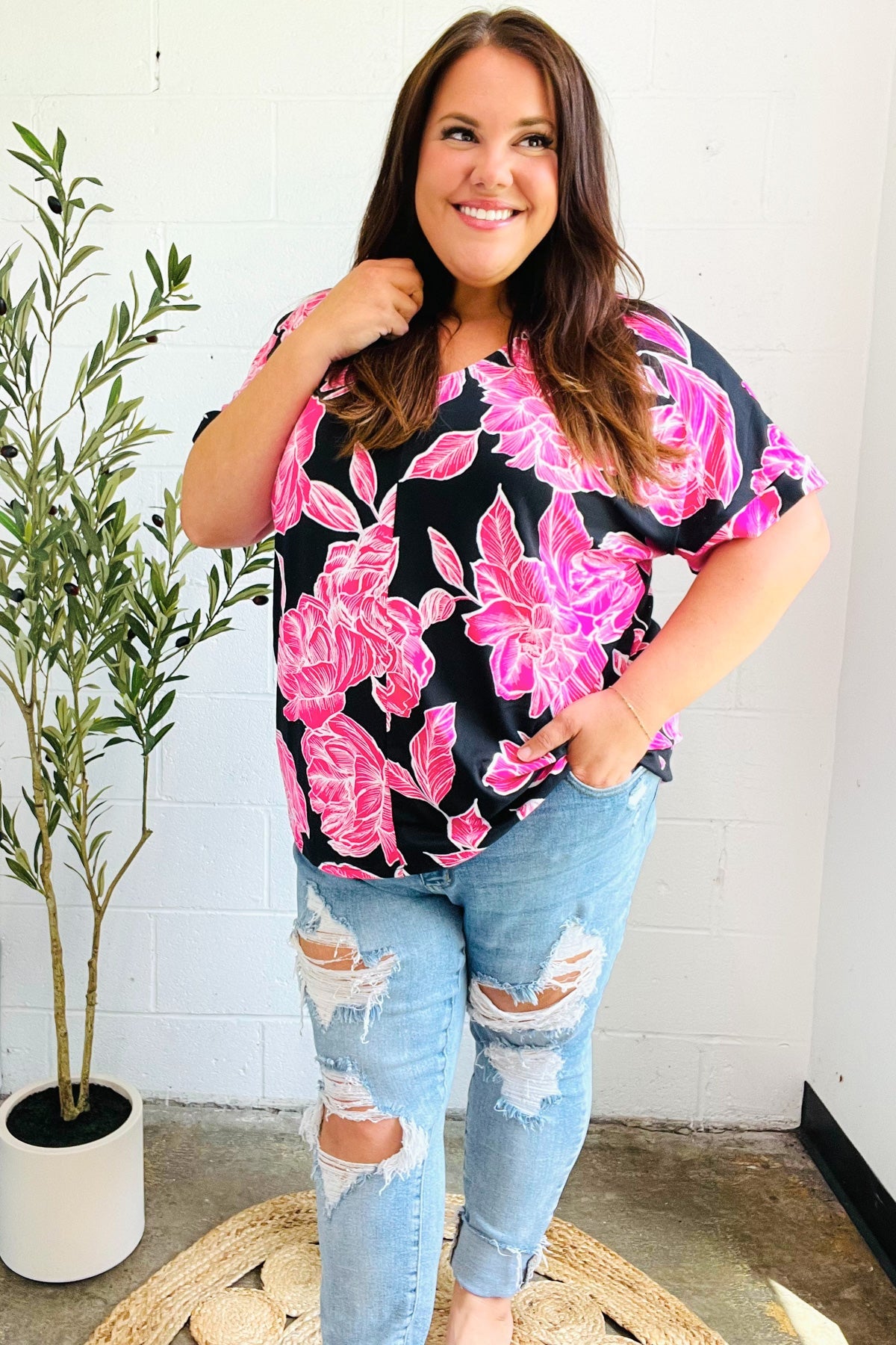 Tropical Vibes Black & Hot Pink Floral V Neck Top