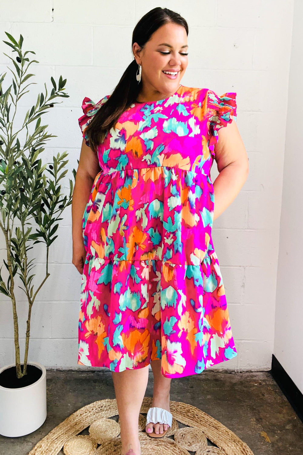 Look of Love Fuchsia Abstract Floral Print Smocked Ruffle Sleeve Dress - Coeur de la Mode