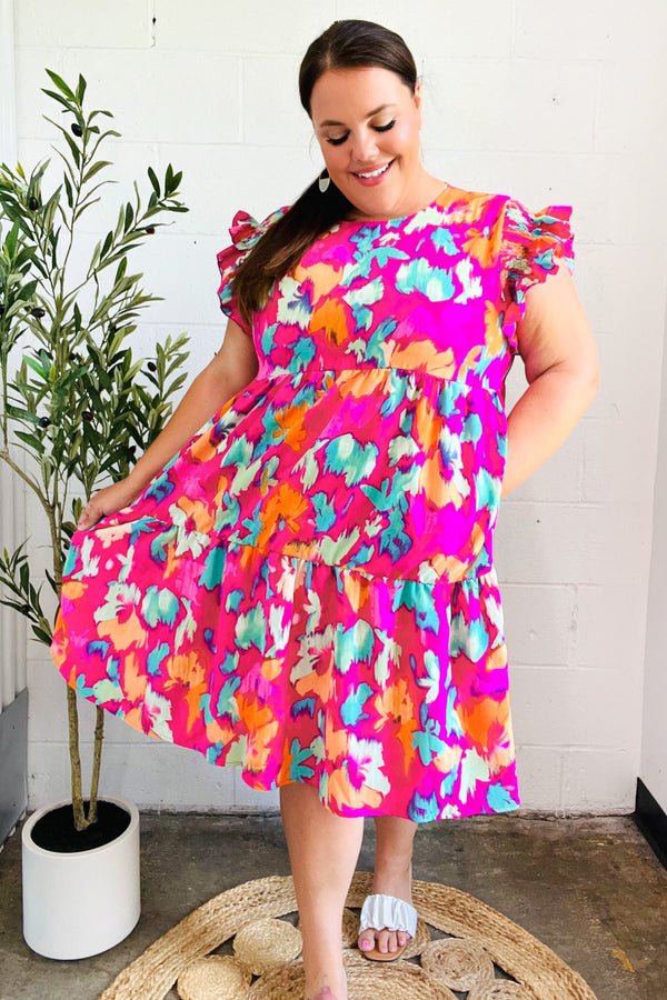 Look of Love Fuchsia Abstract Floral Print Smocked Ruffle Sleeve Dress - Coeur de la Mode