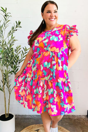 Look of Love Fuchsia Abstract Floral Print Smocked Ruffle Sleeve Dress - Coeur de la Mode