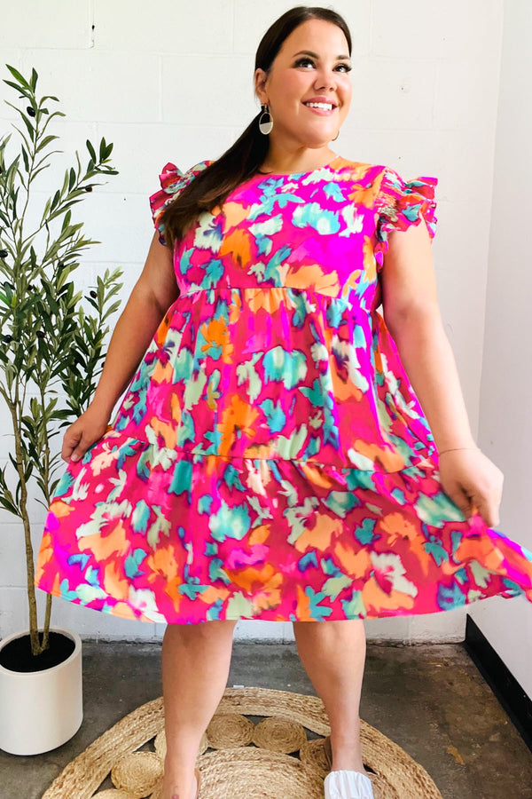 Look of Love Fuchsia Abstract Floral Print Smocked Ruffle Sleeve Dress - Coeur de la Mode
