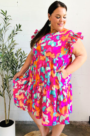 Look of Love Fuchsia Abstract Floral Print Smocked Ruffle Sleeve Dress - Coeur de la Mode
