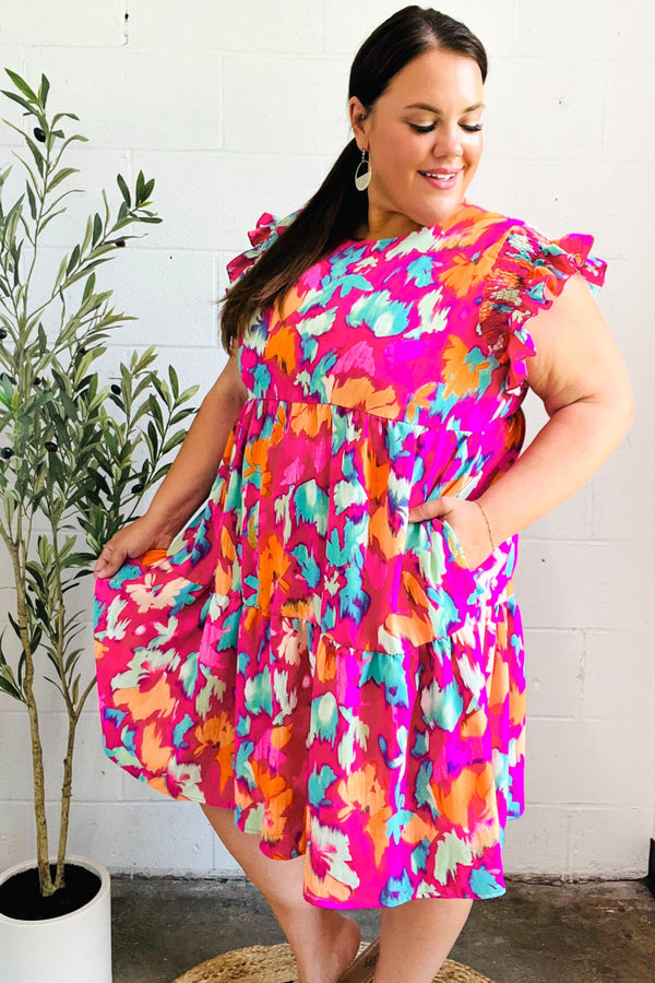 Look of Love Fuchsia Abstract Floral Print Smocked Ruffle Sleeve Dress - Coeur de la Mode
