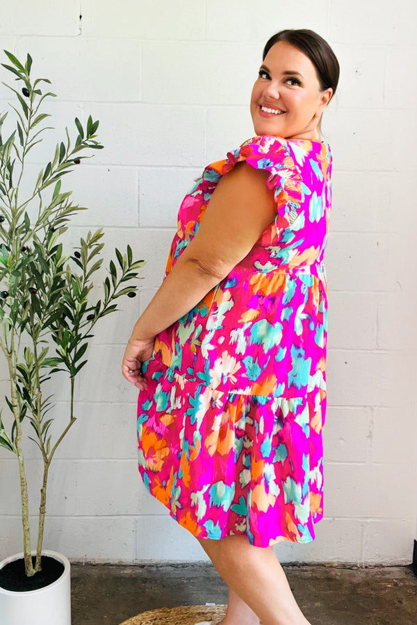 Look of Love Fuchsia Abstract Floral Print Smocked Ruffle Sleeve Dress - Coeur de la Mode