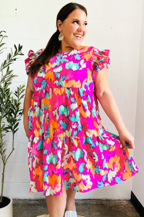 Look of Love Fuchsia Abstract Floral Print Smocked Ruffle Sleeve Dress - Coeur de la Mode
